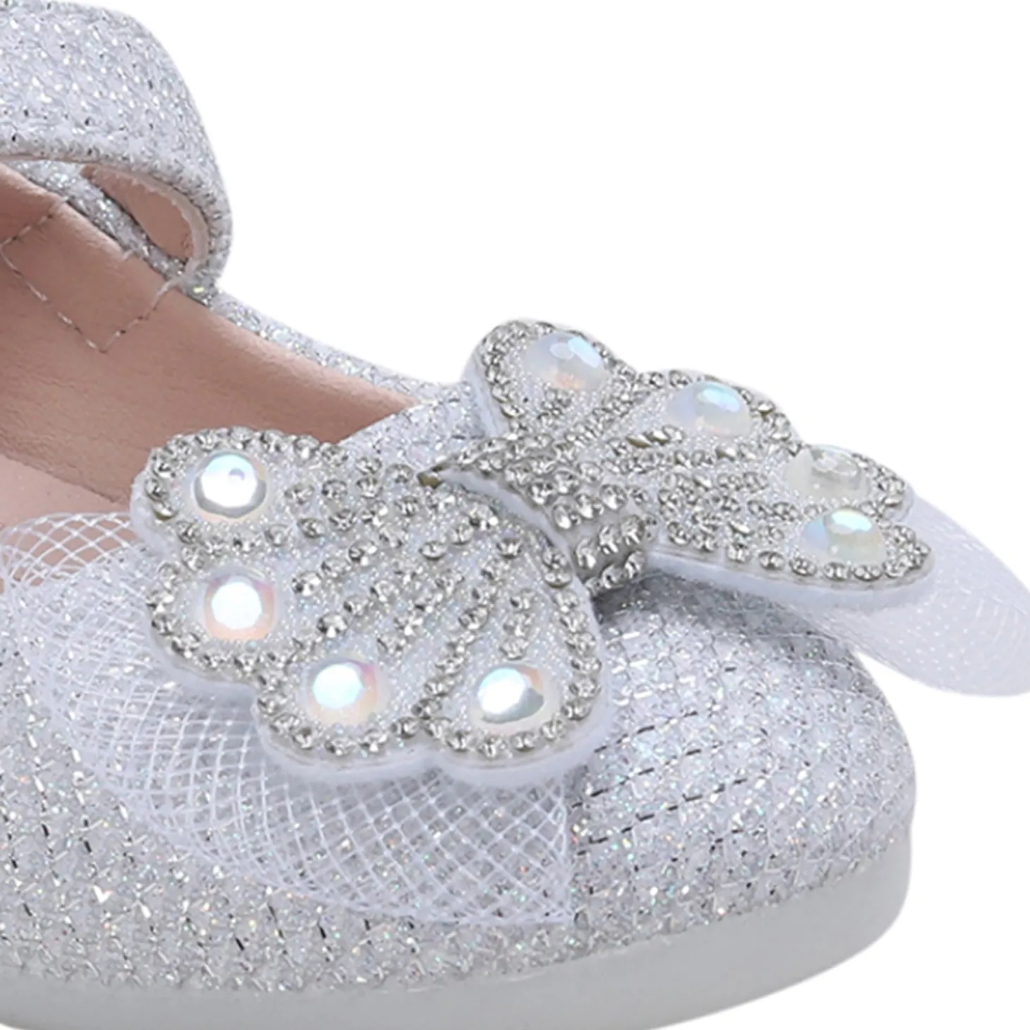 Baby Moo Glittery Butterfly Bow Mary Jane Velcro Strap Anti-Skid Ballerina Shoes - White