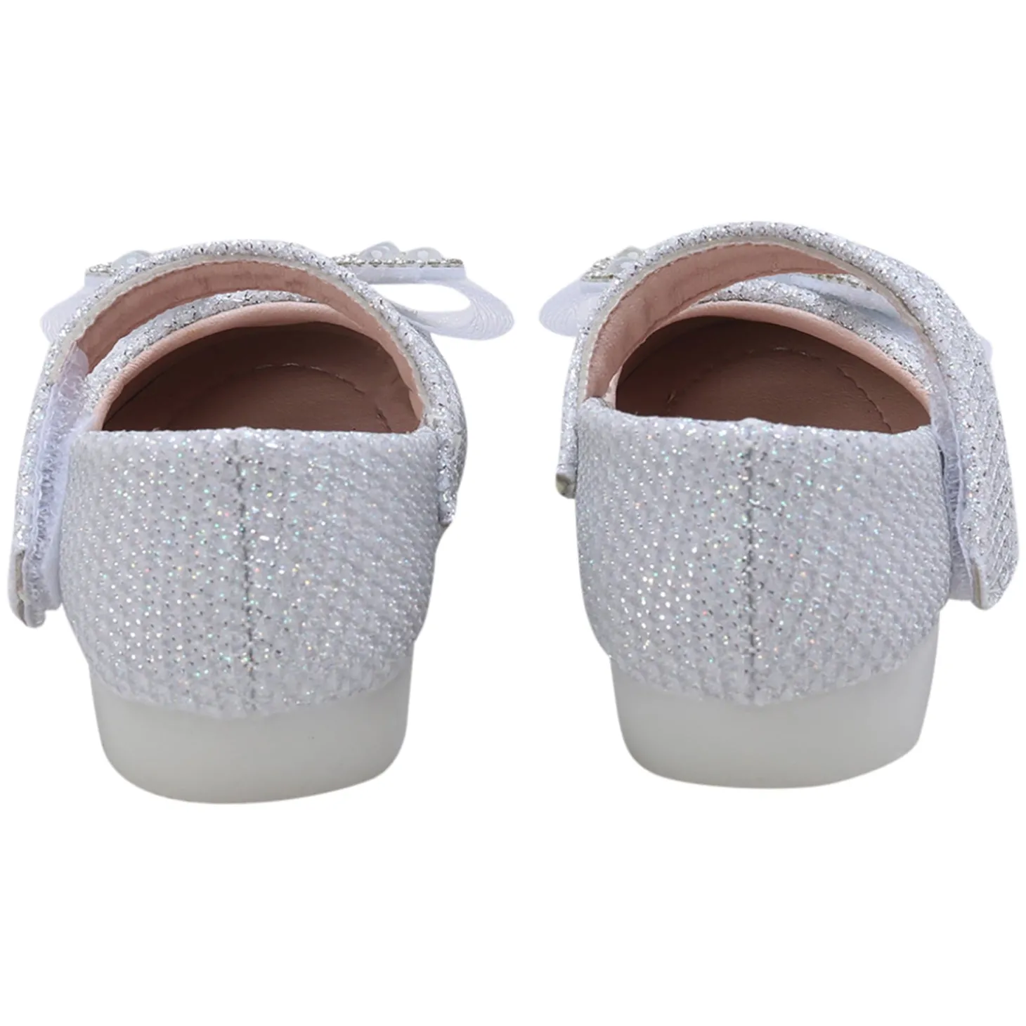 Baby Moo Glittery Butterfly Bow Mary Jane Velcro Strap Anti-Skid Ballerina Shoes - White