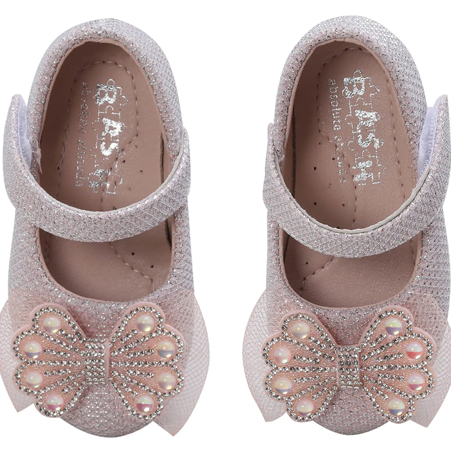 Baby Moo Glittery Butterfly Bow Mary Jane Velcro Strap Anti-Skid Ballerina Shoes - Pink