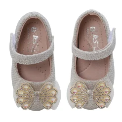 Baby Moo Glittery Butterfly Bow Mary Jane Velcro Strap Anti-Skid Ballerina Shoes - Gold