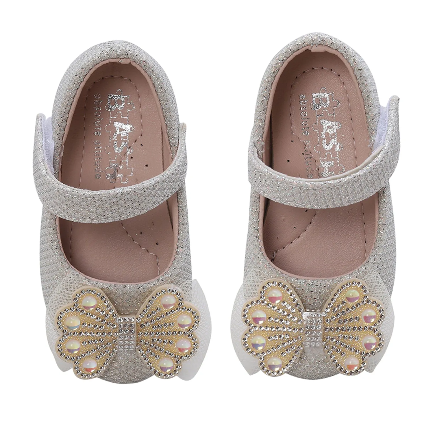 Baby Moo Glittery Butterfly Bow Mary Jane Velcro Strap Anti-Skid Ballerina Shoes - Gold