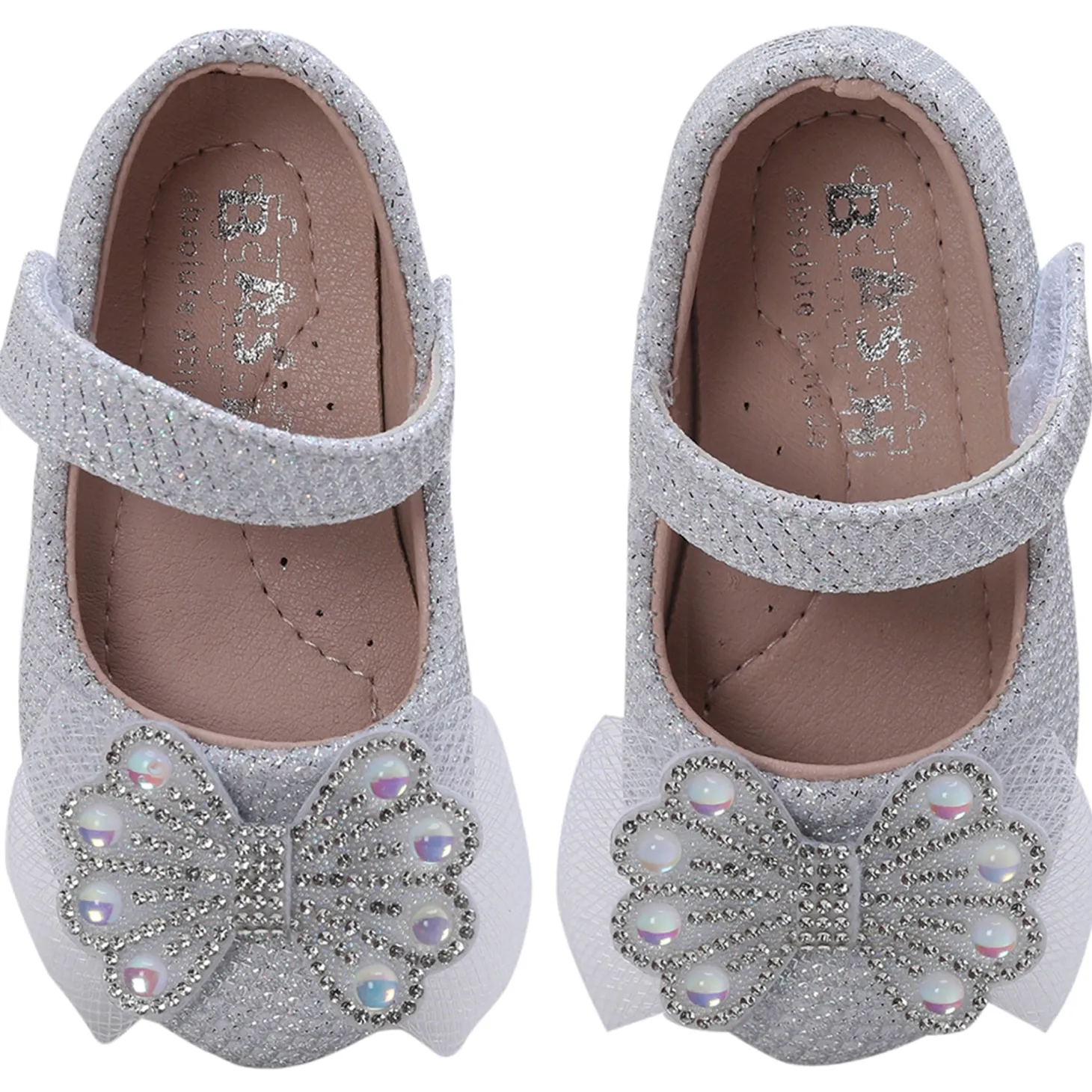 Baby Moo Glittery Butterfly Bow Mary Jane Velcro Strap Anti-Skid Ballerina Shoes - White