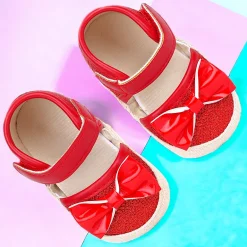 Baby Moo Glittery Partywear Bow Velcro Strap Anti-Skid Sandals - Red