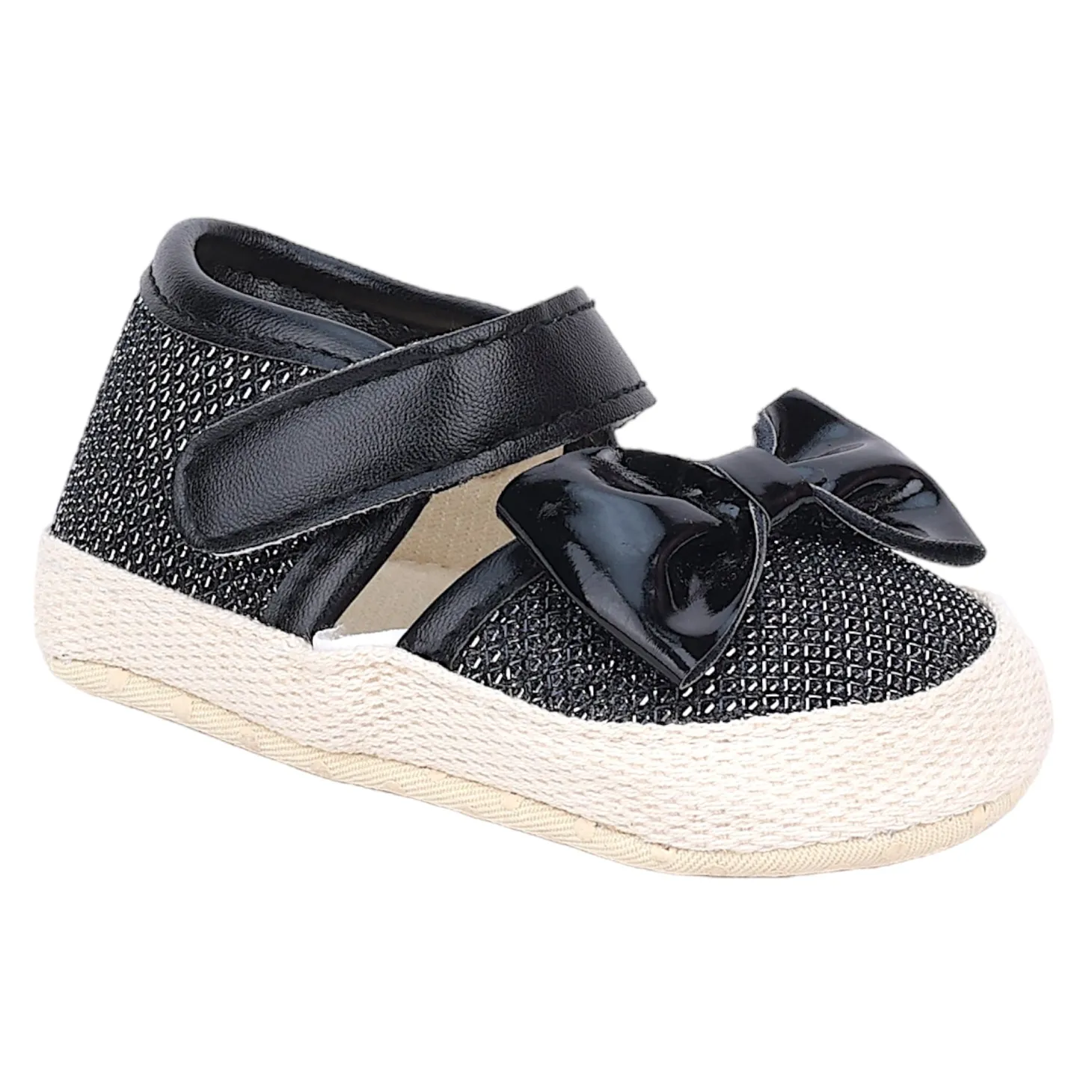 Baby Moo Glittery Partywear Bow Velcro Strap Anti-Skid Sandals - Black