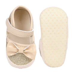 Baby Moo Glittery Partywear Bow Velcro Strap Anti-Skid Sandals - Beige
