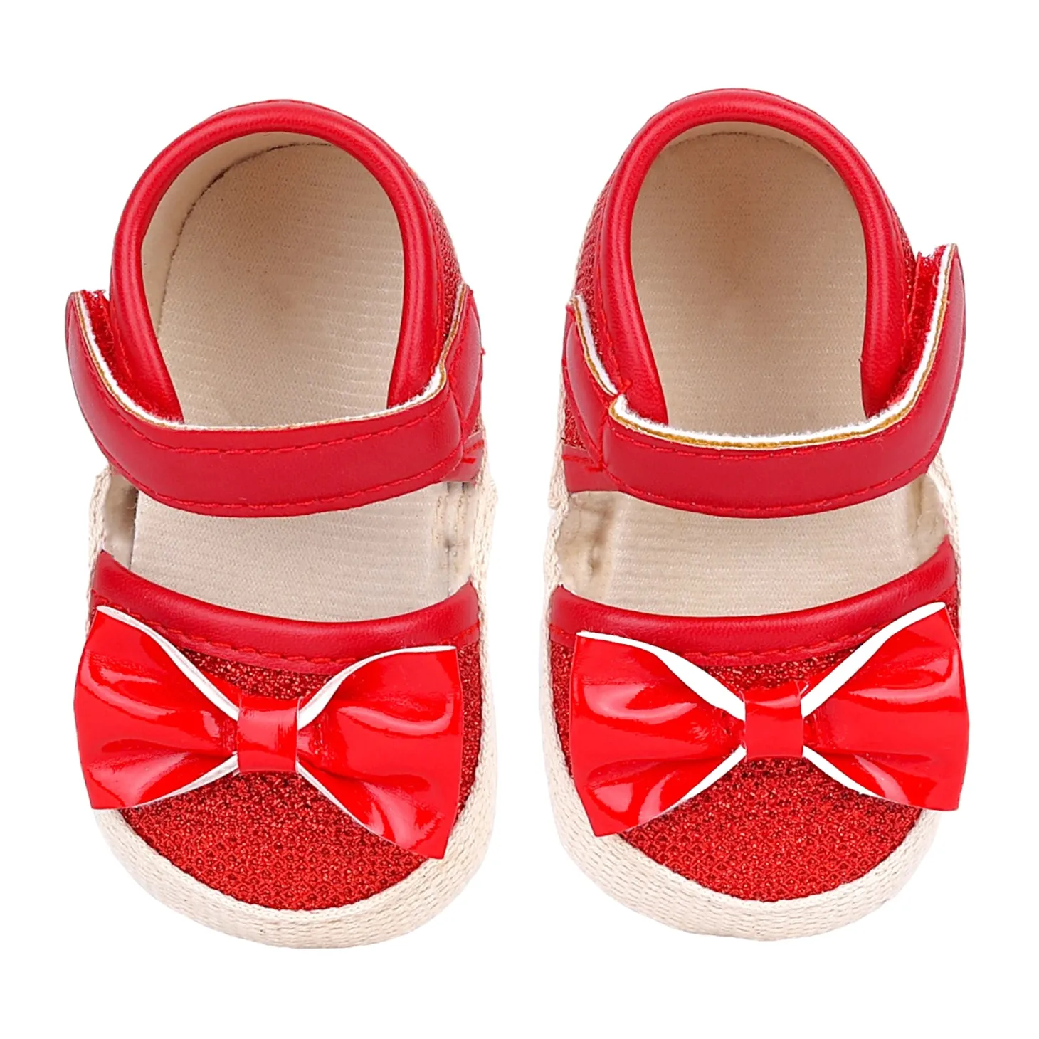 Baby Moo Glittery Partywear Bow Velcro Strap Anti-Skid Sandals - Red