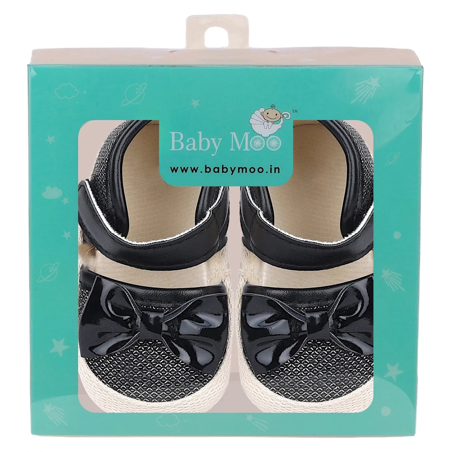 Baby Moo Glittery Partywear Bow Velcro Strap Anti-Skid Sandals - Black