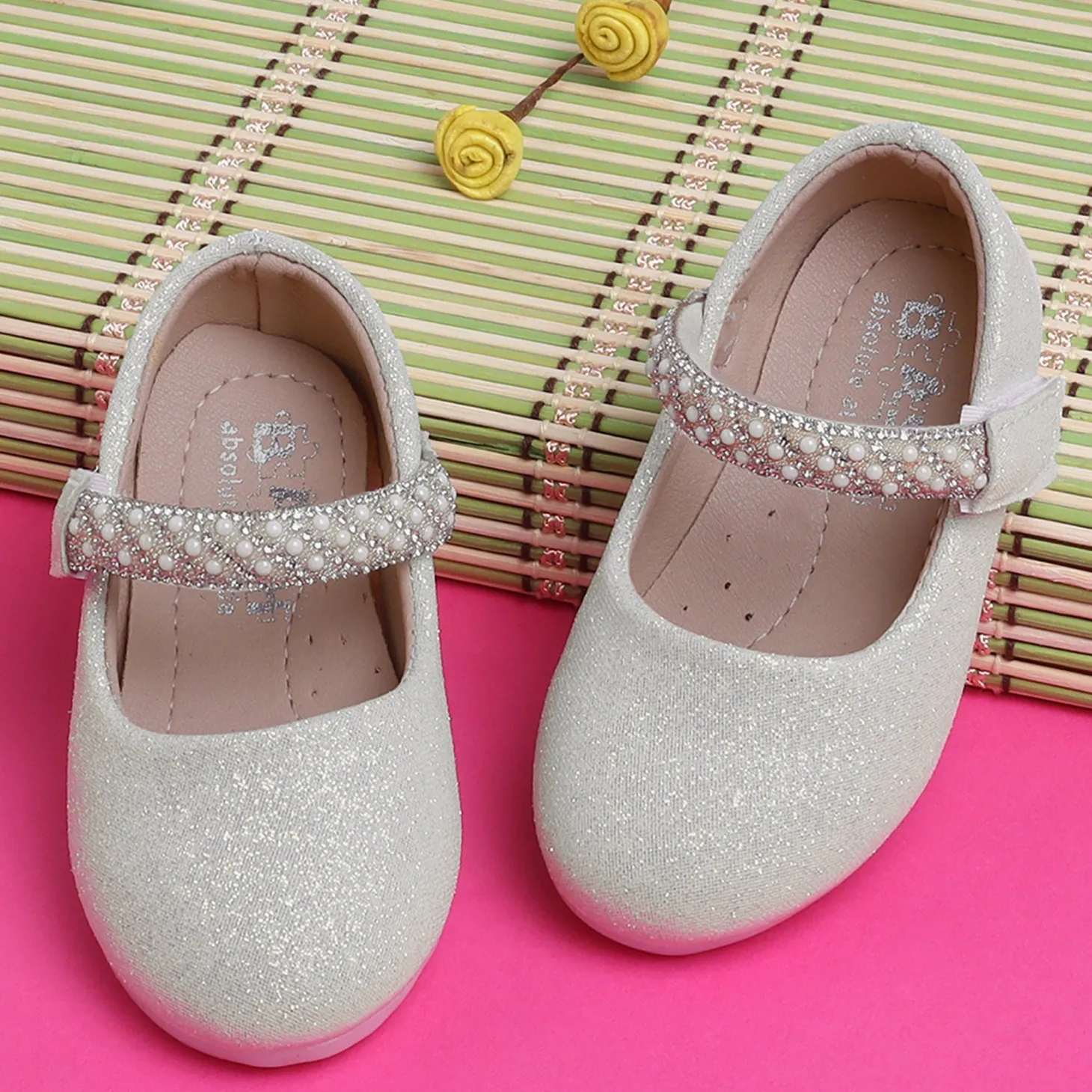Baby Moo Glittery Pearl Embellished Mary Jane Velcro Strap Anti-Skid Ballerina Shoes - Gold