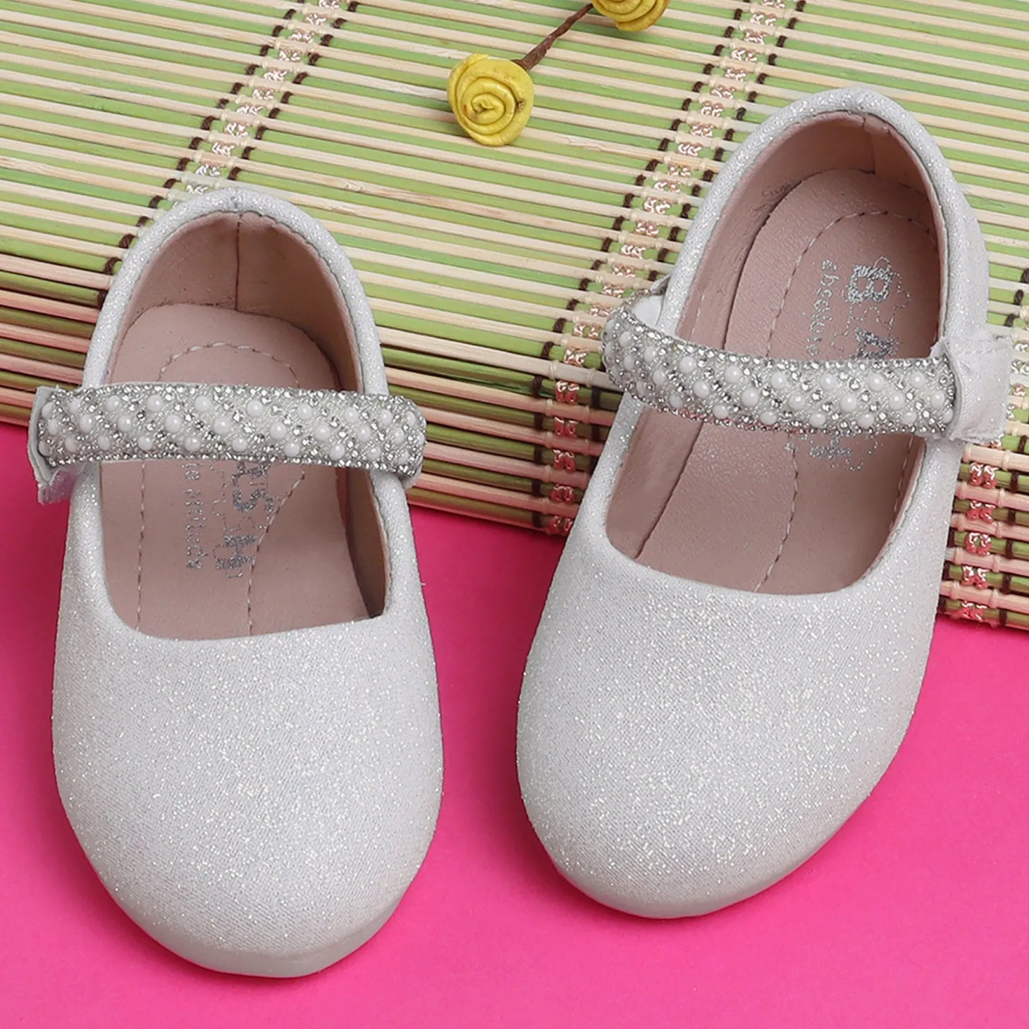 Baby Moo Glittery Pearl Embellished Mary Jane Velcro Strap Anti-Skid Ballerina Shoes - White