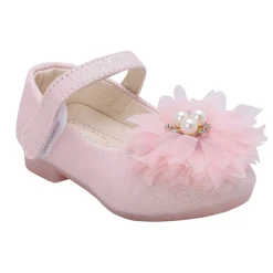 Baby Moo Glittery Pearl Embellished Floral Applique Mary Jane Velcro Strap Anti-Skid Ballerina Shoes - Pink