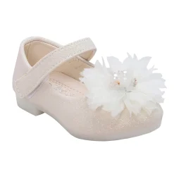 Baby Moo Glittery Pearl Embellished Floral Applique Mary Jane Velcro Strap Anti-Skid Ballerina Shoes - Gold