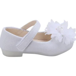 Baby Moo Glittery Pearl Embellished Floral Applique Mary Jane Velcro Strap Anti-Skid Ballerina Shoes - White
