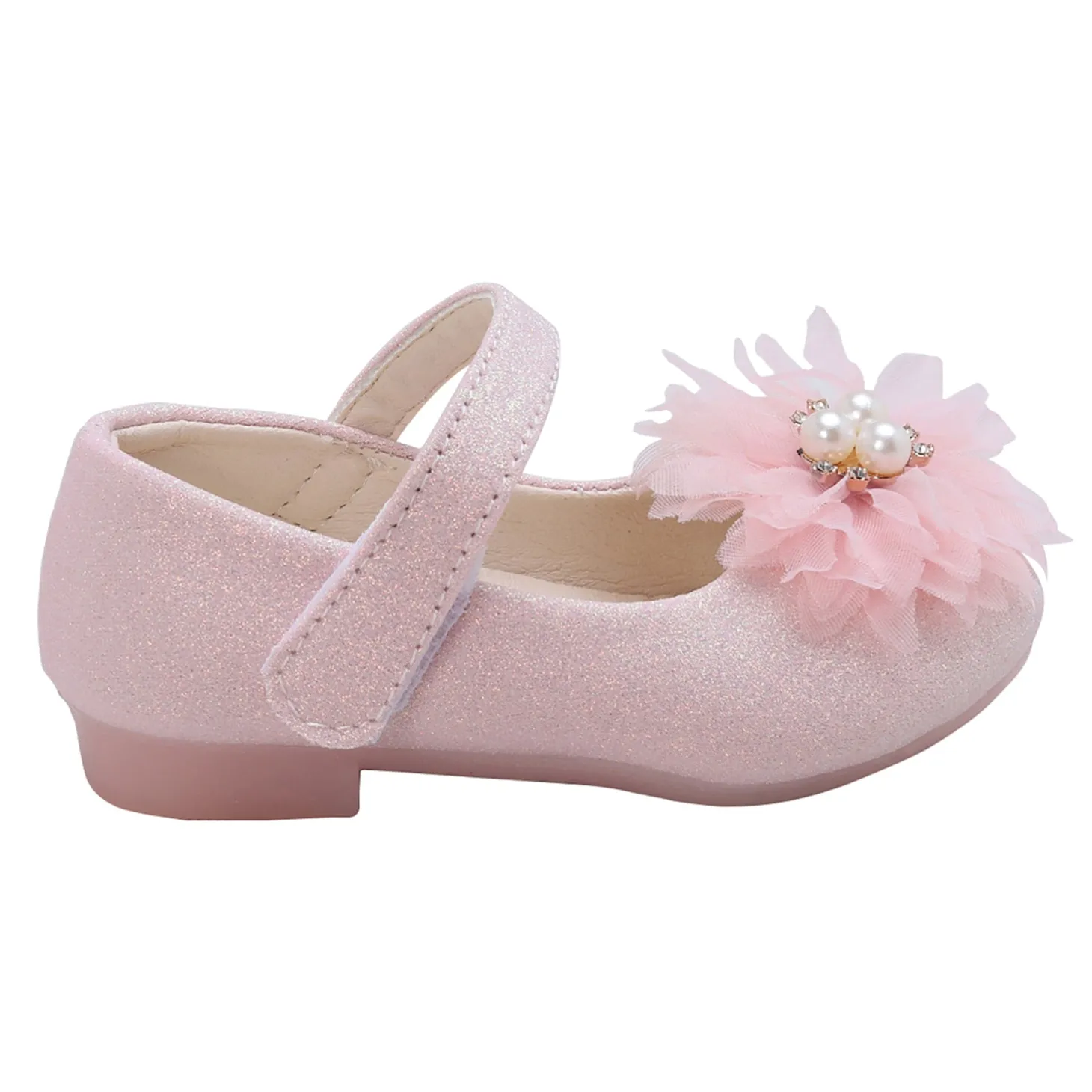 Baby Moo Glittery Pearl Embellished Floral Applique Mary Jane Velcro Strap Anti-Skid Ballerina Shoes - Pink