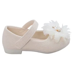 Baby Moo Glittery Pearl Embellished Floral Applique Mary Jane Velcro Strap Anti-Skid Ballerina Shoes - Gold