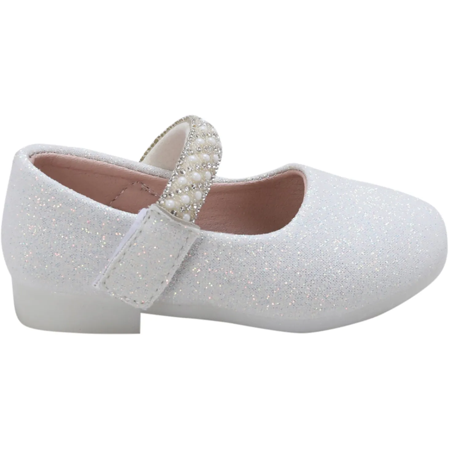 Baby Moo Glittery Pearl Embellished Mary Jane Velcro Strap Anti-Skid Ballerina Shoes - White