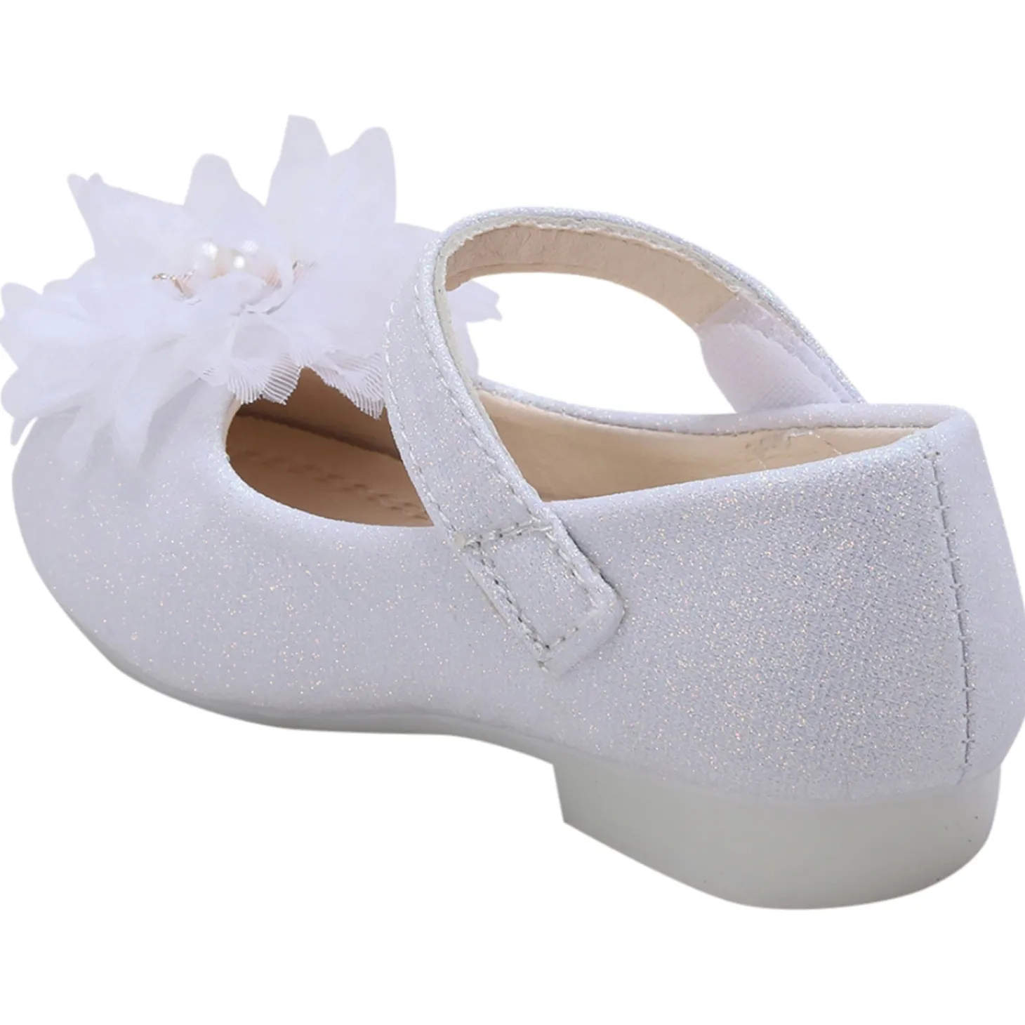 Baby Moo Glittery Pearl Embellished Floral Applique Mary Jane Velcro Strap Anti-Skid Ballerina Shoes - White