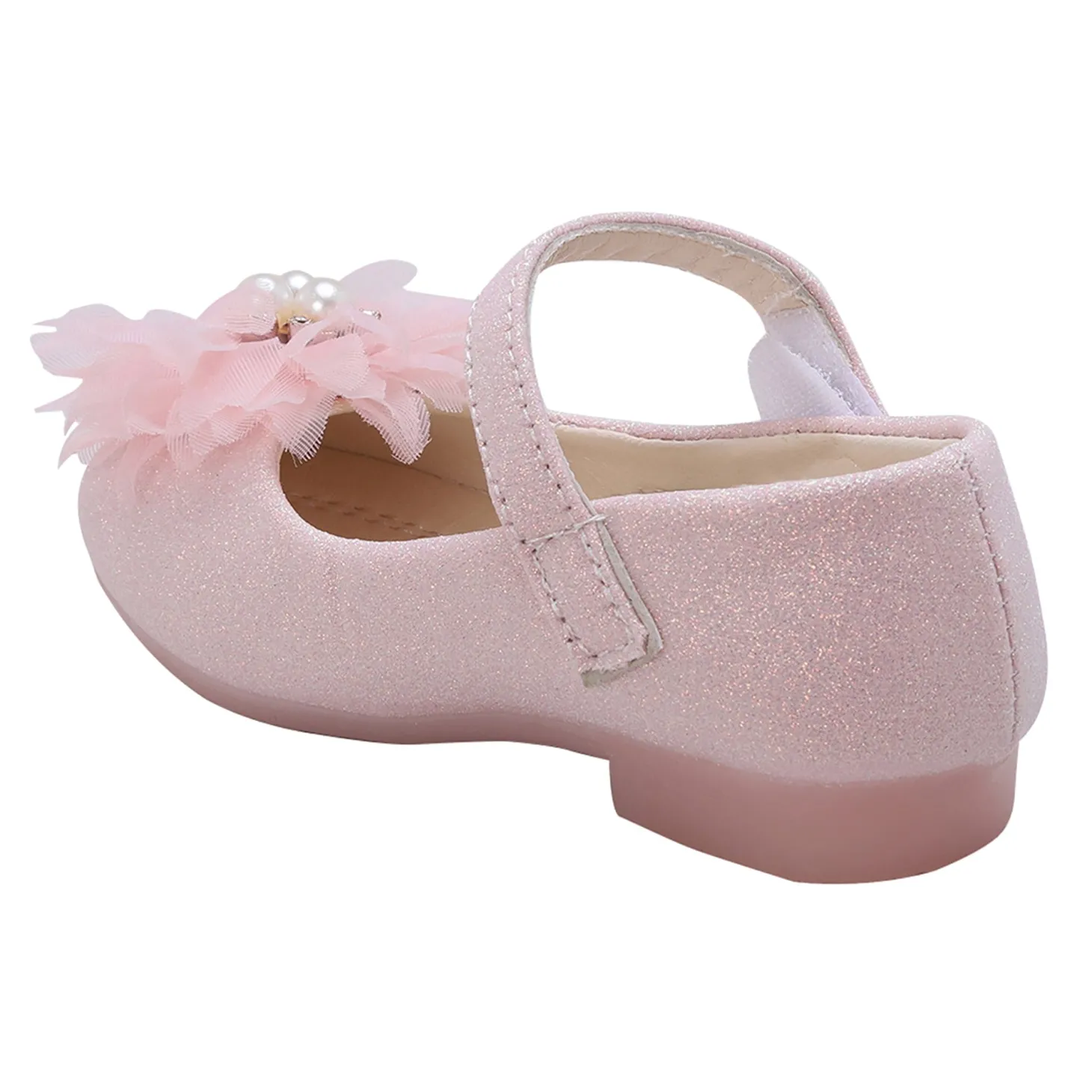 Baby Moo Glittery Pearl Embellished Floral Applique Mary Jane Velcro Strap Anti-Skid Ballerina Shoes - Pink