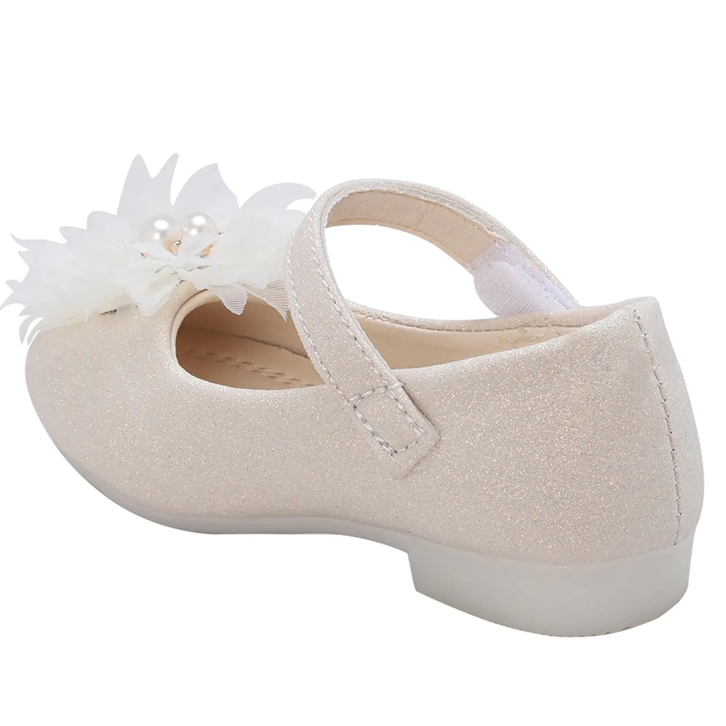 Baby Moo Glittery Pearl Embellished Floral Applique Mary Jane Velcro Strap Anti-Skid Ballerina Shoes - Gold