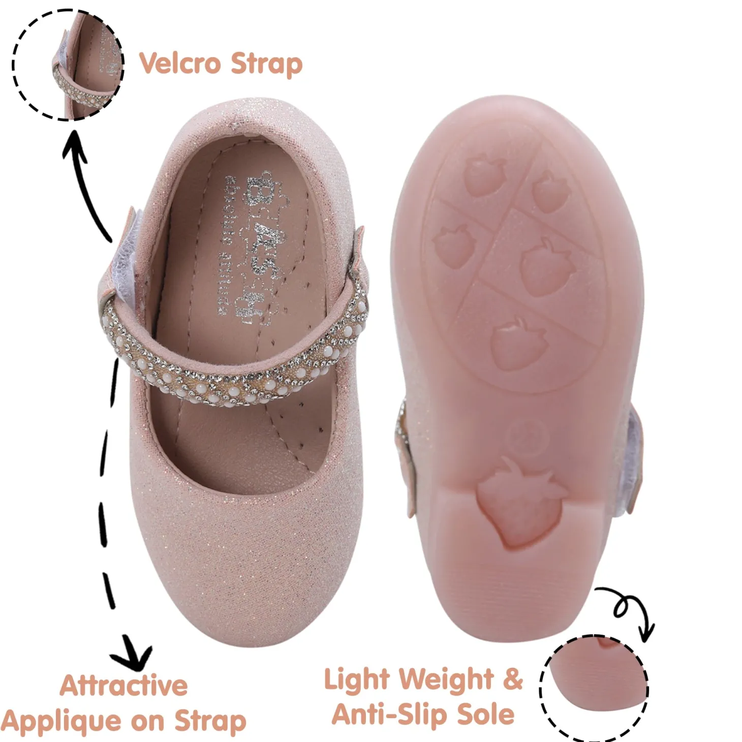 Baby Moo Glittery Pearl Embellished Mary Jane Velcro Strap Anti-Skid Ballerina Shoes - Pink