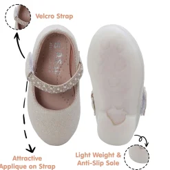 Baby Moo Glittery Pearl Embellished Mary Jane Velcro Strap Anti-Skid Ballerina Shoes - Gold