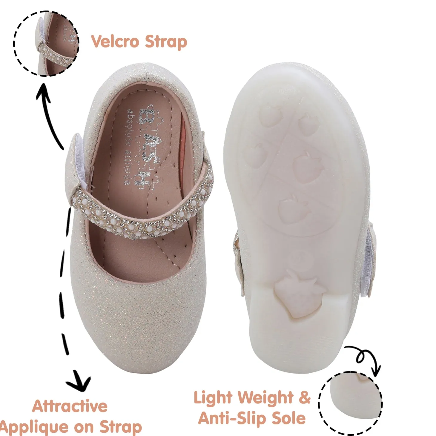 Baby Moo Glittery Pearl Embellished Mary Jane Velcro Strap Anti-Skid Ballerina Shoes - Gold