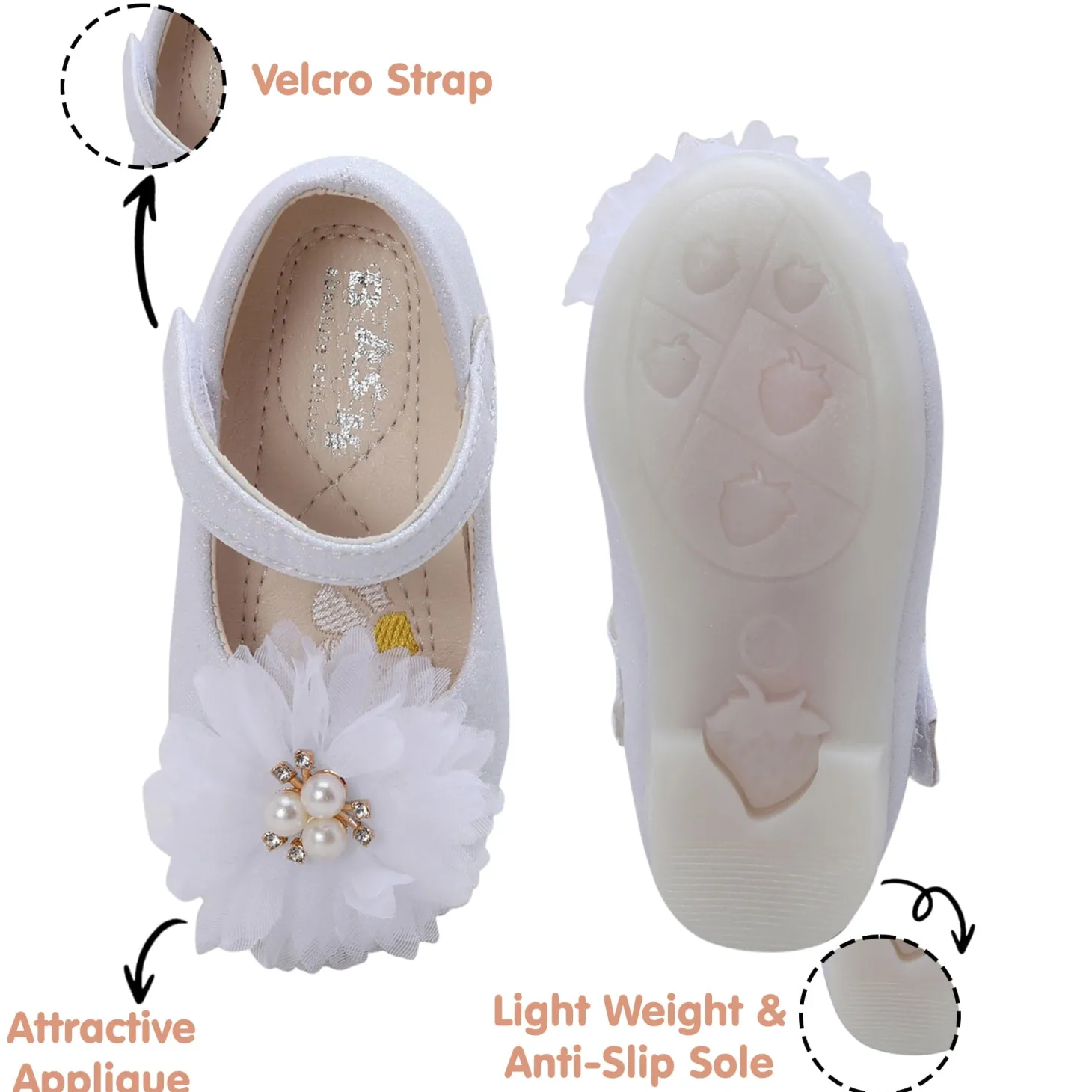 Baby Moo Glittery Pearl Embellished Floral Applique Mary Jane Velcro Strap Anti-Skid Ballerina Shoes - White