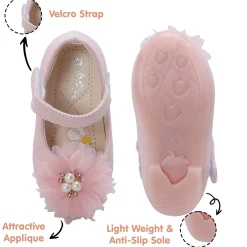 Baby Moo Glittery Pearl Embellished Floral Applique Mary Jane Velcro Strap Anti-Skid Ballerina Shoes - Pink