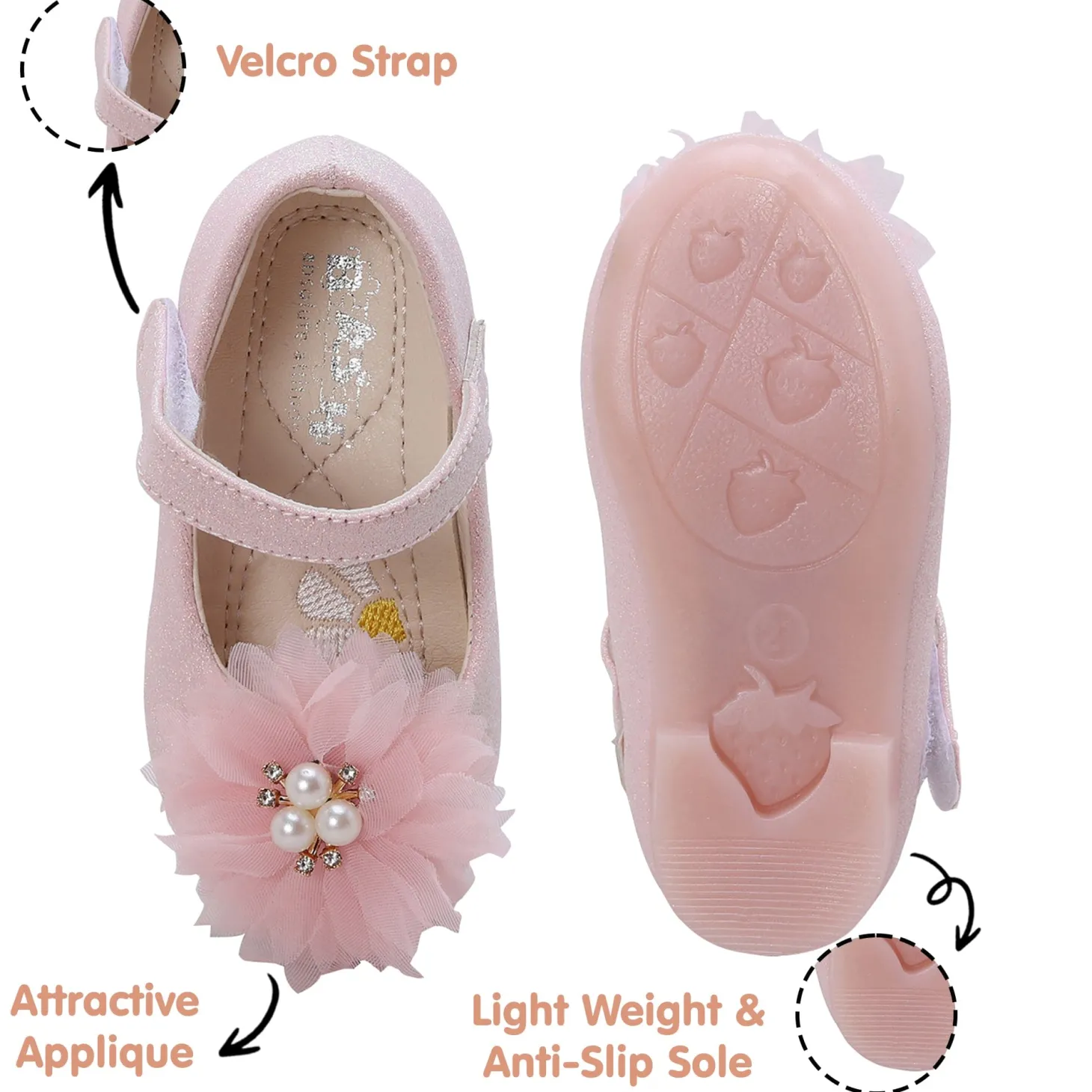 Baby Moo Glittery Pearl Embellished Floral Applique Mary Jane Velcro Strap Anti-Skid Ballerina Shoes - Pink