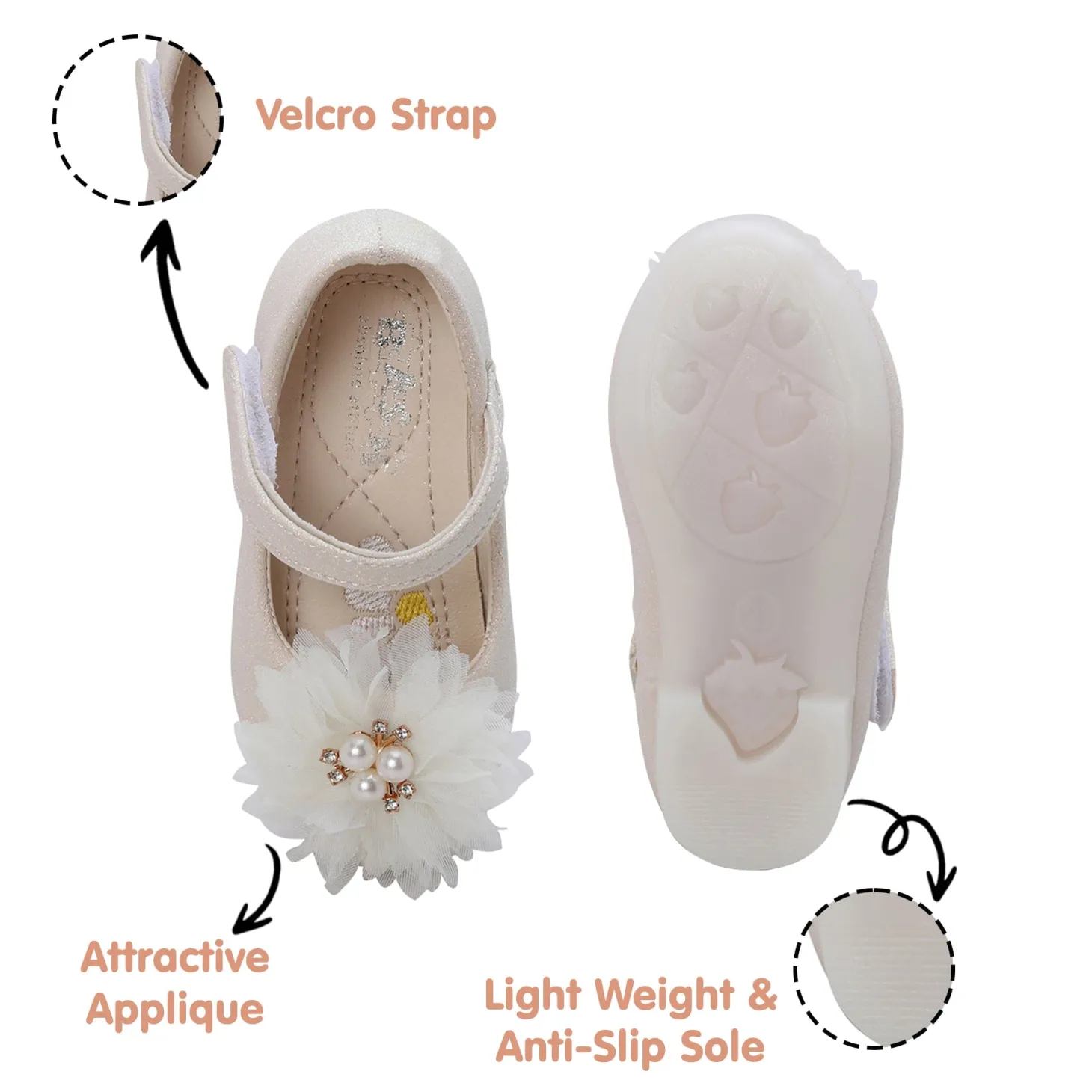 Baby Moo Glittery Pearl Embellished Floral Applique Mary Jane Velcro Strap Anti-Skid Ballerina Shoes - Gold