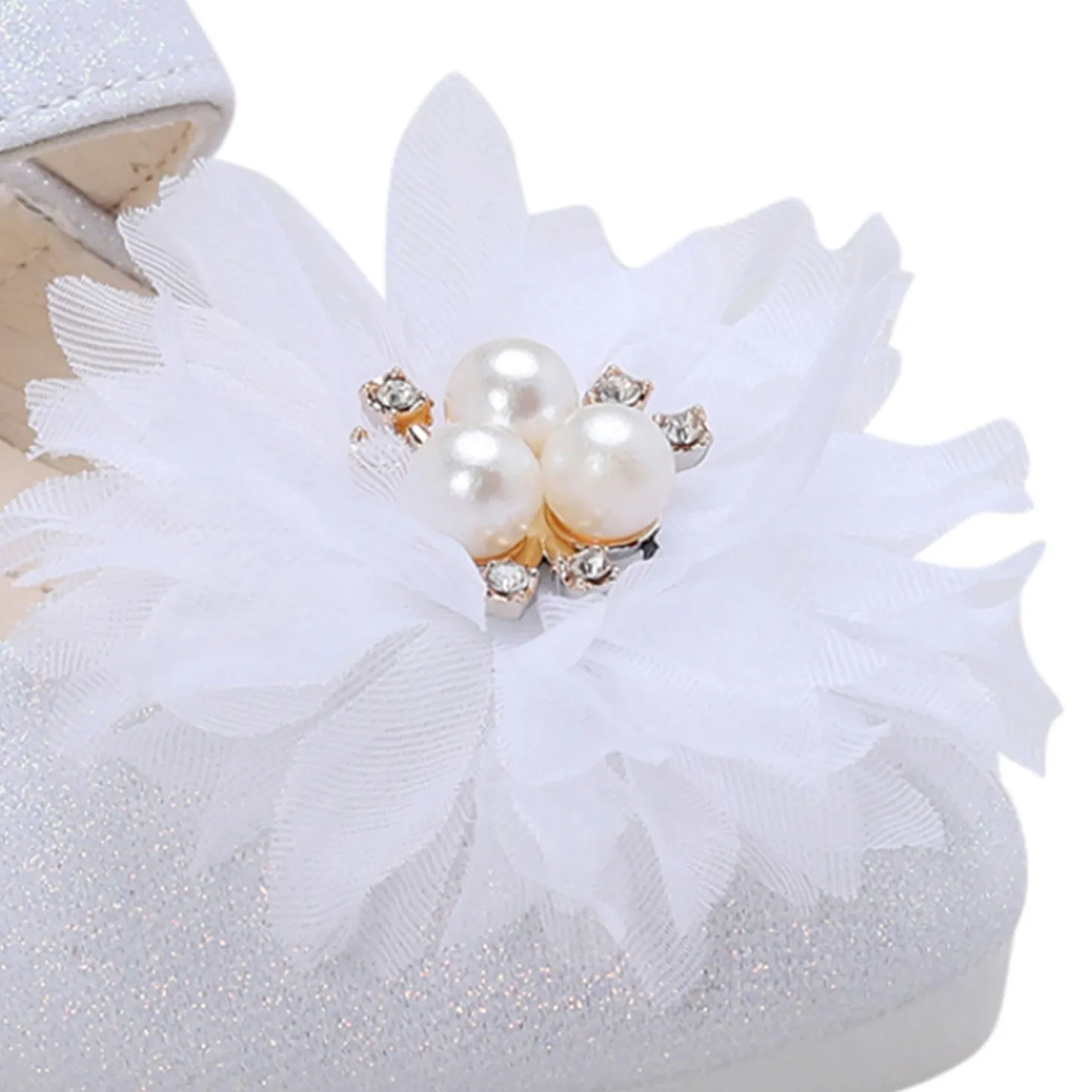 Baby Moo Glittery Pearl Embellished Floral Applique Mary Jane Velcro Strap Anti-Skid Ballerina Shoes - White