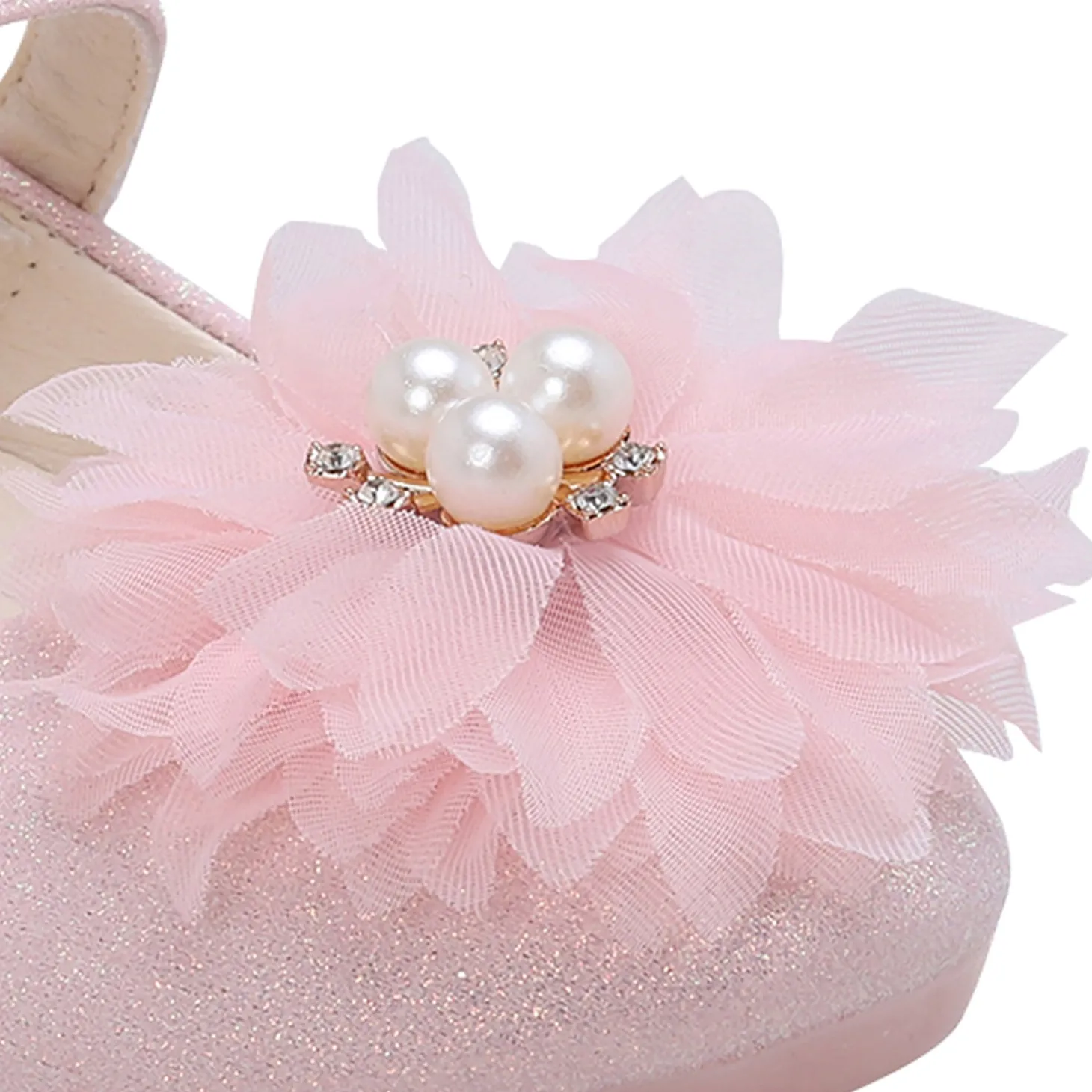 Baby Moo Glittery Pearl Embellished Floral Applique Mary Jane Velcro Strap Anti-Skid Ballerina Shoes - Pink