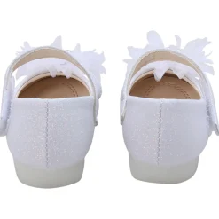 Baby Moo Glittery Pearl Embellished Floral Applique Mary Jane Velcro Strap Anti-Skid Ballerina Shoes - White