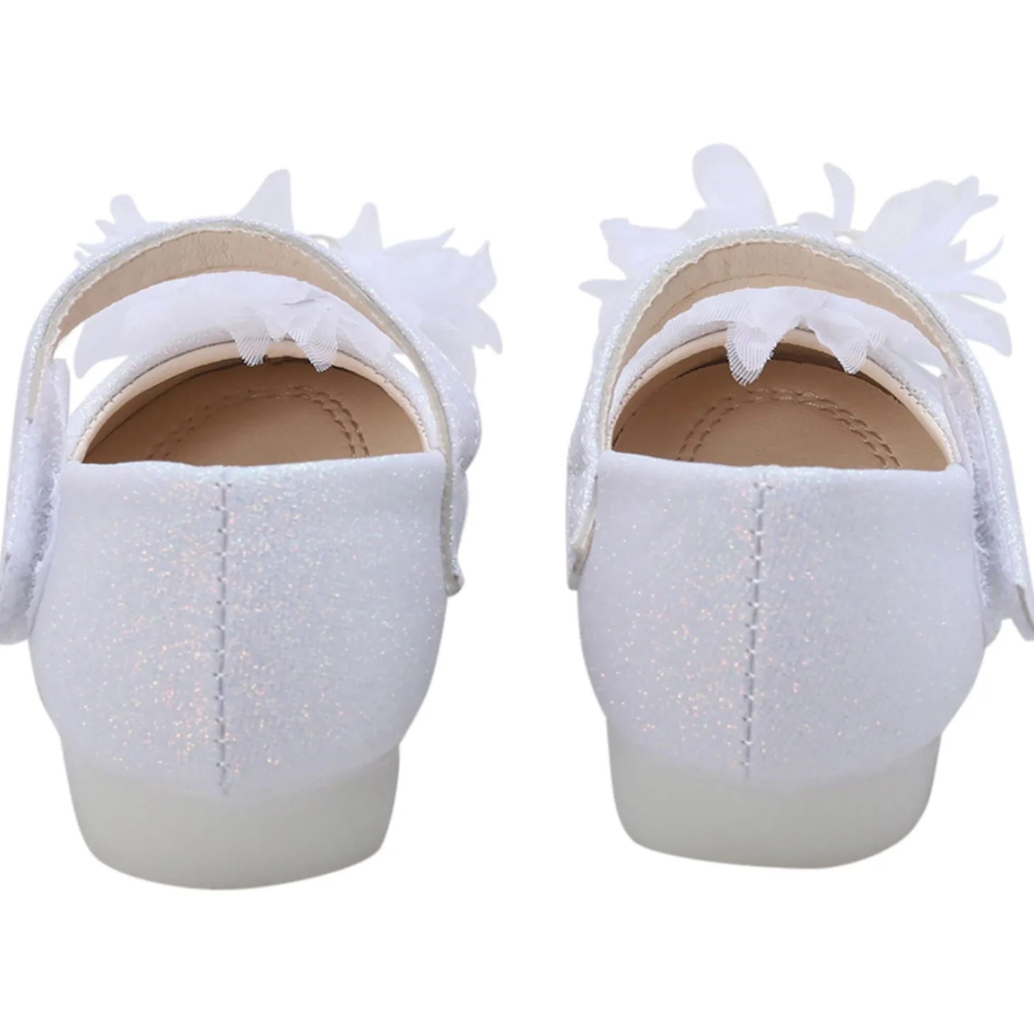 Baby Moo Glittery Pearl Embellished Floral Applique Mary Jane Velcro Strap Anti-Skid Ballerina Shoes - White