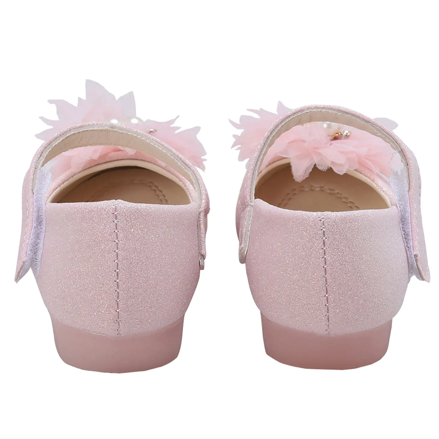 Baby Moo Glittery Pearl Embellished Floral Applique Mary Jane Velcro Strap Anti-Skid Ballerina Shoes - Pink