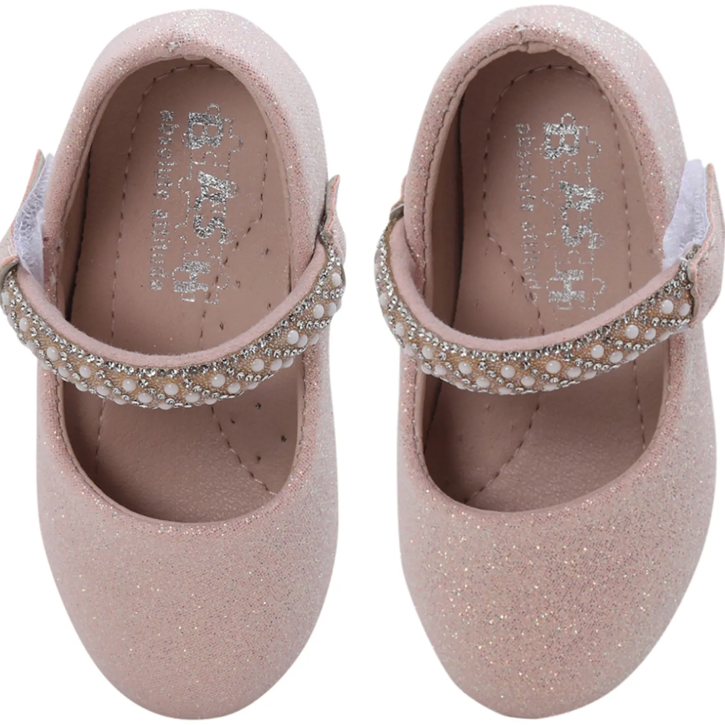 Baby Moo Glittery Pearl Embellished Mary Jane Velcro Strap Anti-Skid Ballerina Shoes - Pink