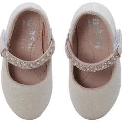 Baby Moo Glittery Pearl Embellished Mary Jane Velcro Strap Anti-Skid Ballerina Shoes - Gold