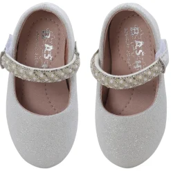 Baby Moo Glittery Pearl Embellished Mary Jane Velcro Strap Anti-Skid Ballerina Shoes - White