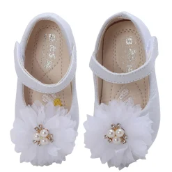 Baby Moo Glittery Pearl Embellished Floral Applique Mary Jane Velcro Strap Anti-Skid Ballerina Shoes - White