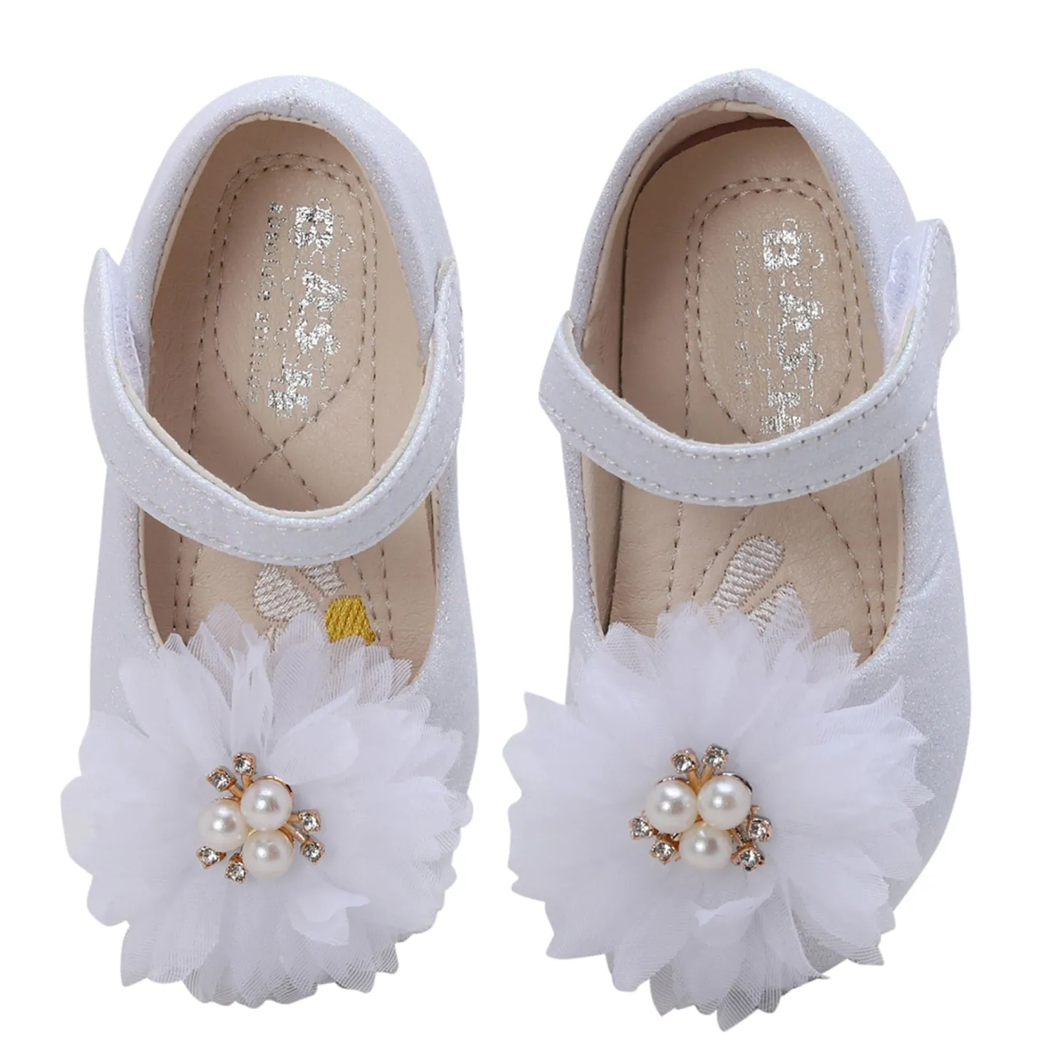 Baby Moo Glittery Pearl Embellished Floral Applique Mary Jane Velcro Strap Anti-Skid Ballerina Shoes - White
