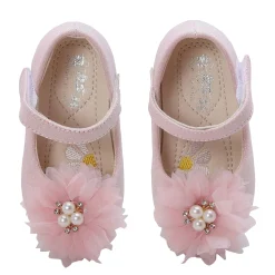 Baby Moo Glittery Pearl Embellished Floral Applique Mary Jane Velcro Strap Anti-Skid Ballerina Shoes - Pink