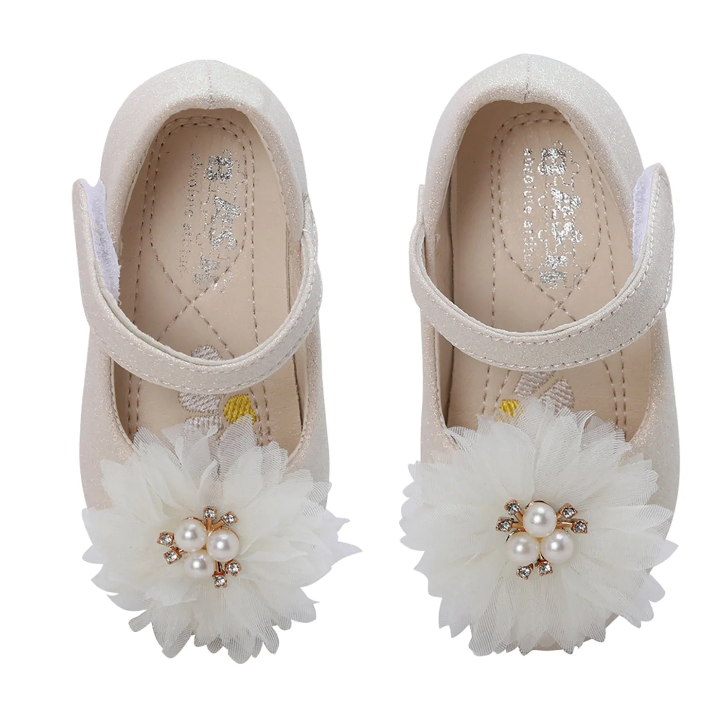 Baby Moo Glittery Pearl Embellished Floral Applique Mary Jane Velcro Strap Anti-Skid Ballerina Shoes - Gold
