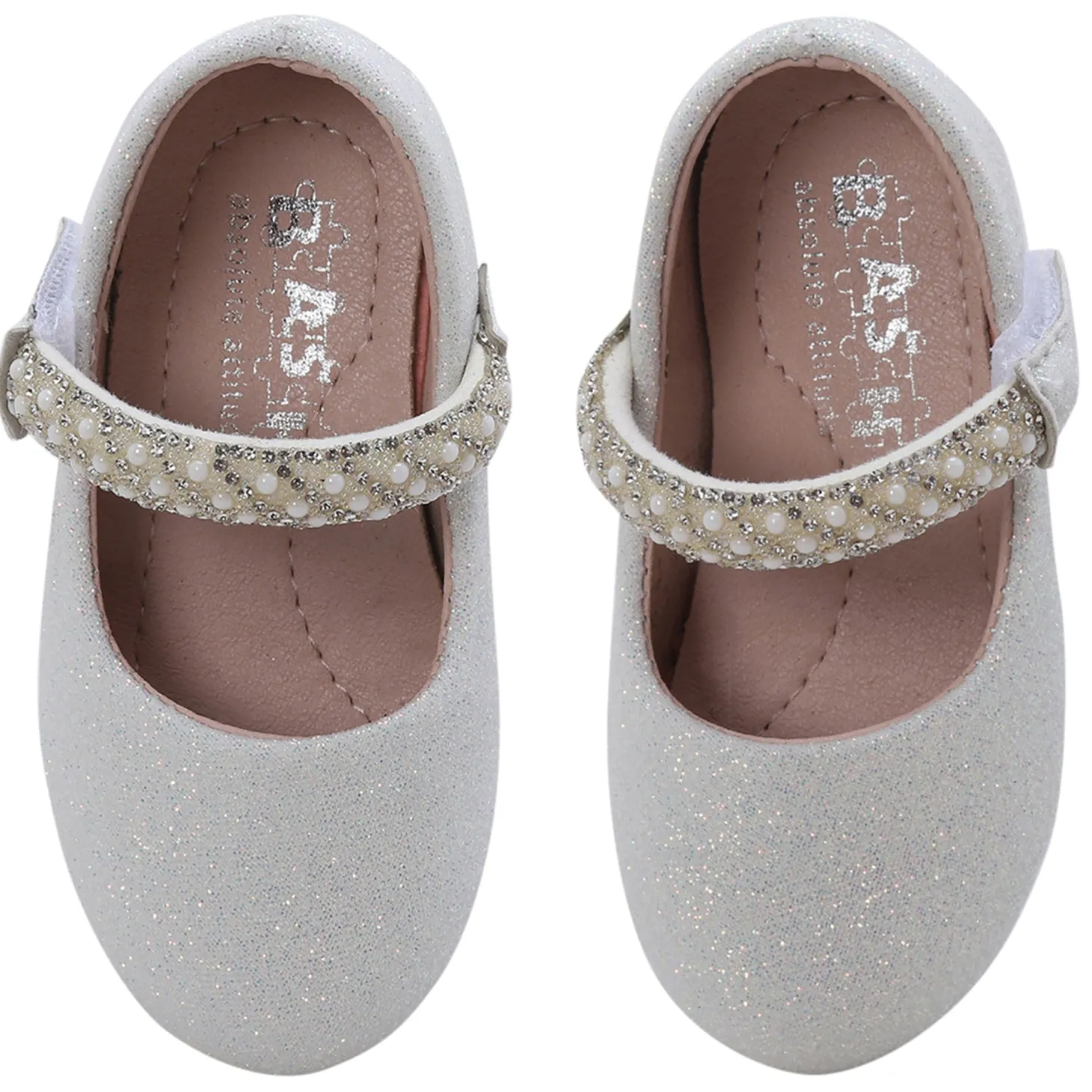 Baby Moo Glittery Pearl Embellished Mary Jane Velcro Strap Anti-Skid Ballerina Shoes - White