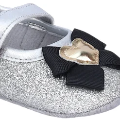Baby Moo Golden Heart On Bow Glittery Anti-Skid Ballerina Booties - Silver