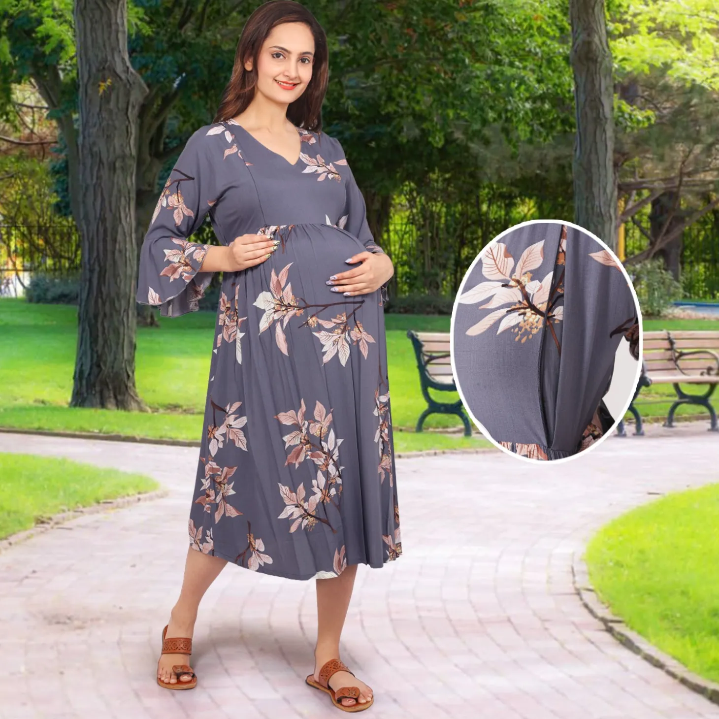Baby Moo Half Bell Sleeves Comfortable Nursing And Maternity Dress Flower Print - Grey