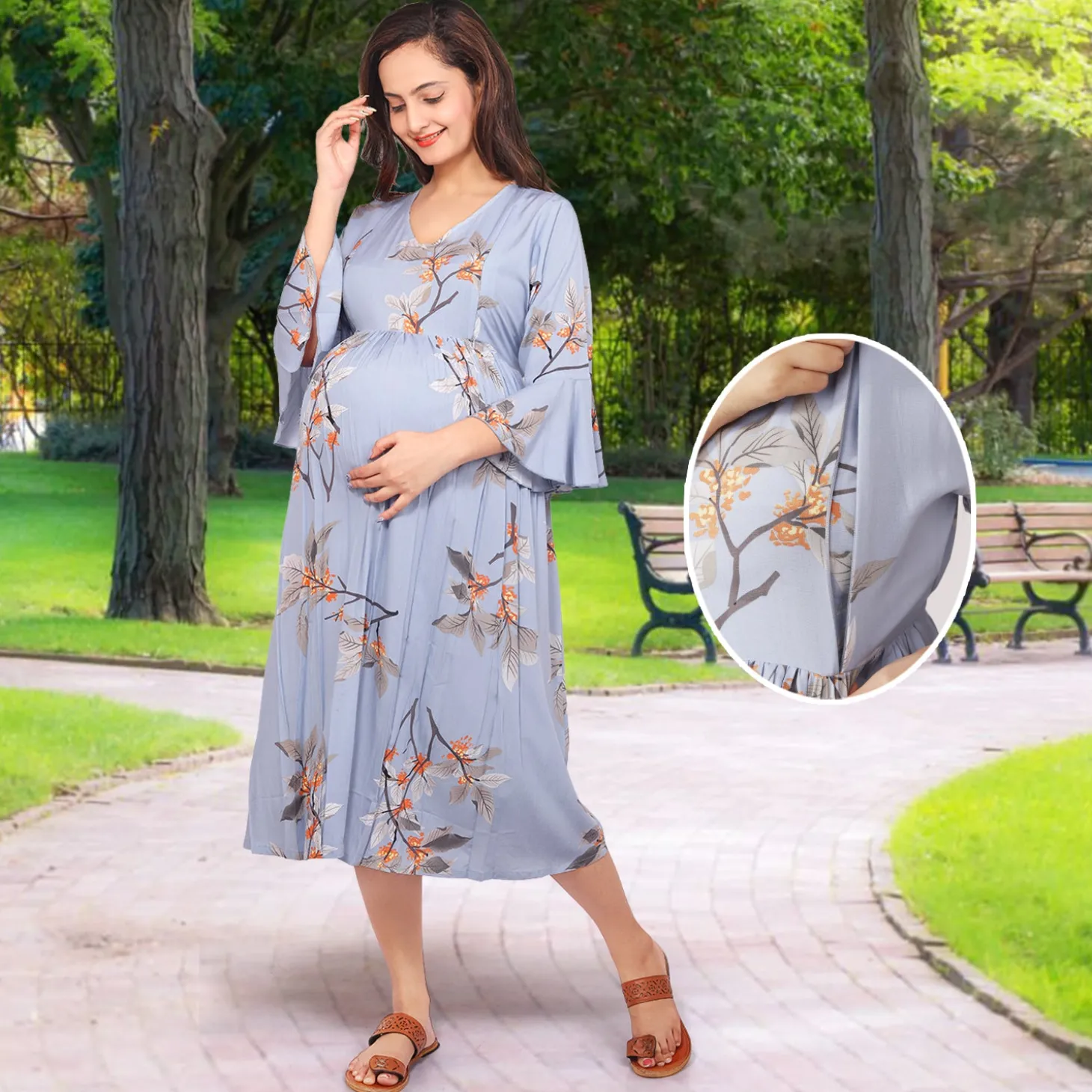 Baby Moo Half Bell Sleeves Comfortable Nursing And Maternity Dress Flower Print - Blue