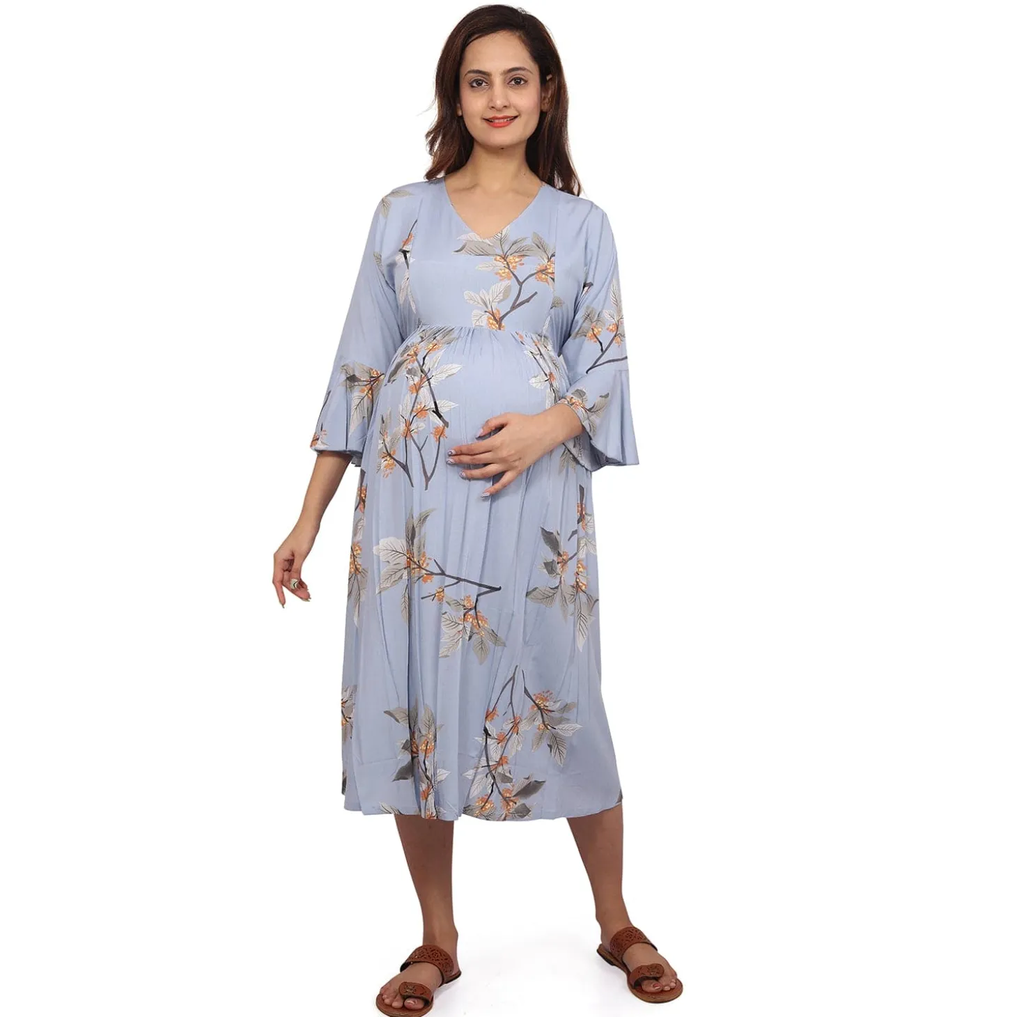 Baby Moo Half Bell Sleeves Comfortable Nursing And Maternity Dress Flower Print - Blue