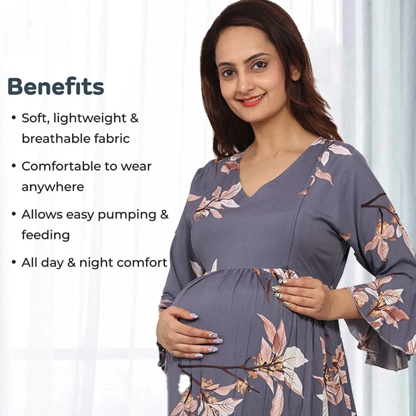 Baby Moo Half Bell Sleeves Comfortable Nursing And Maternity Dress Flower Print - Grey