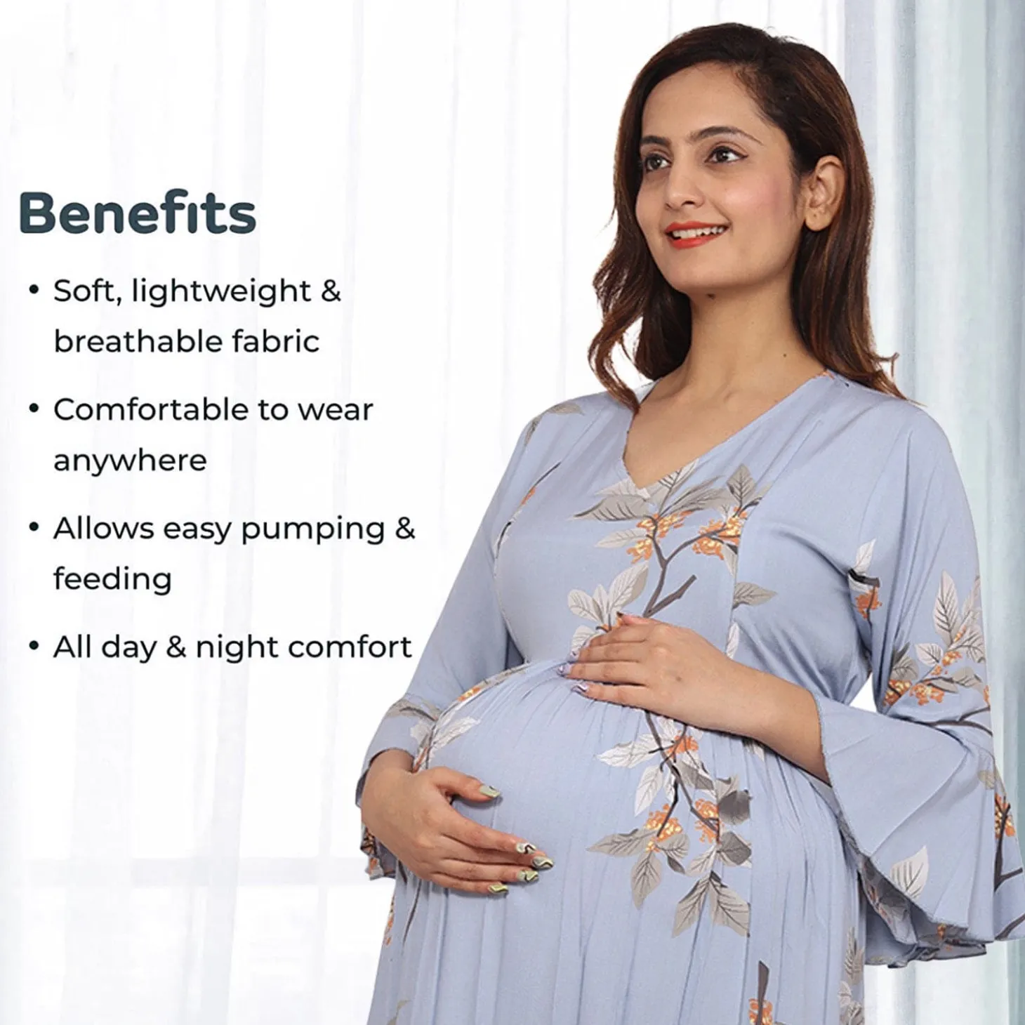 Baby Moo Half Bell Sleeves Comfortable Nursing And Maternity Dress Flower Print - Blue