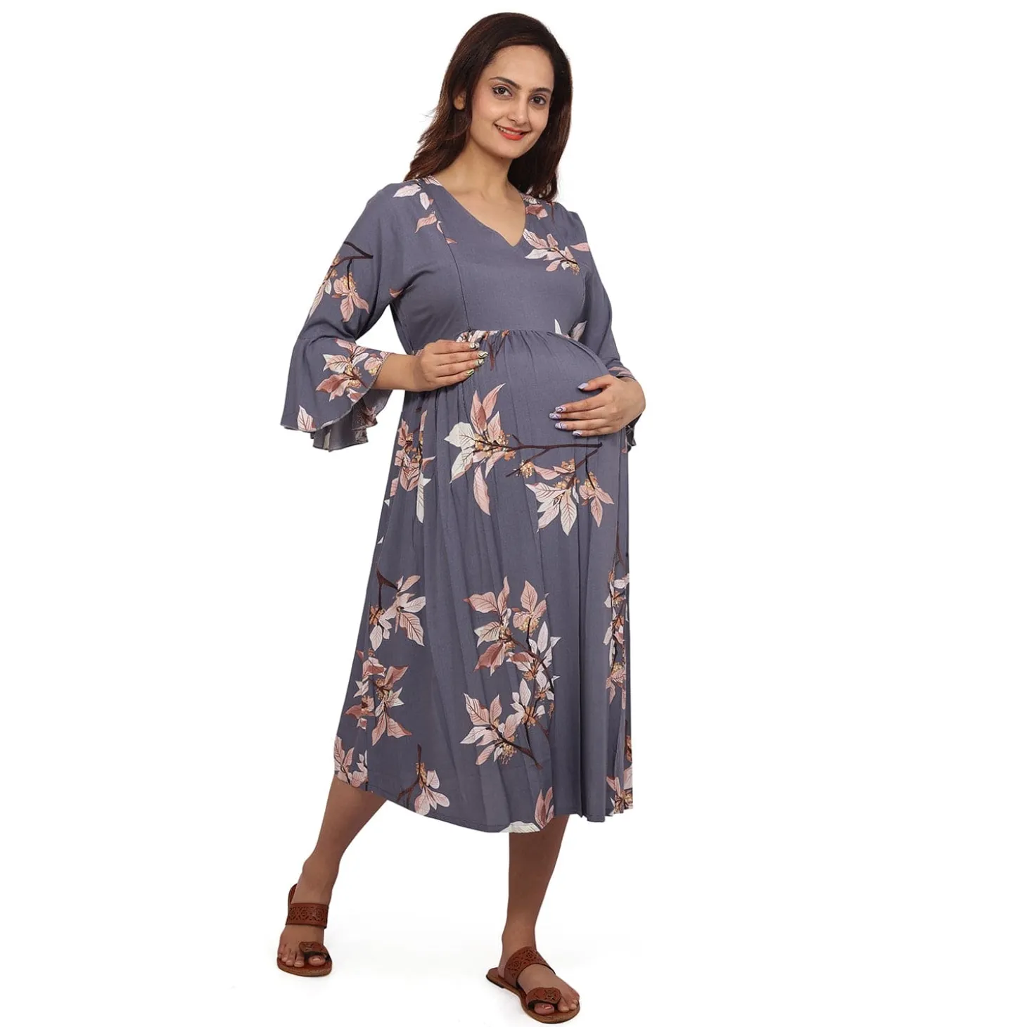 Baby Moo Half Bell Sleeves Comfortable Nursing And Maternity Dress Flower Print - Grey