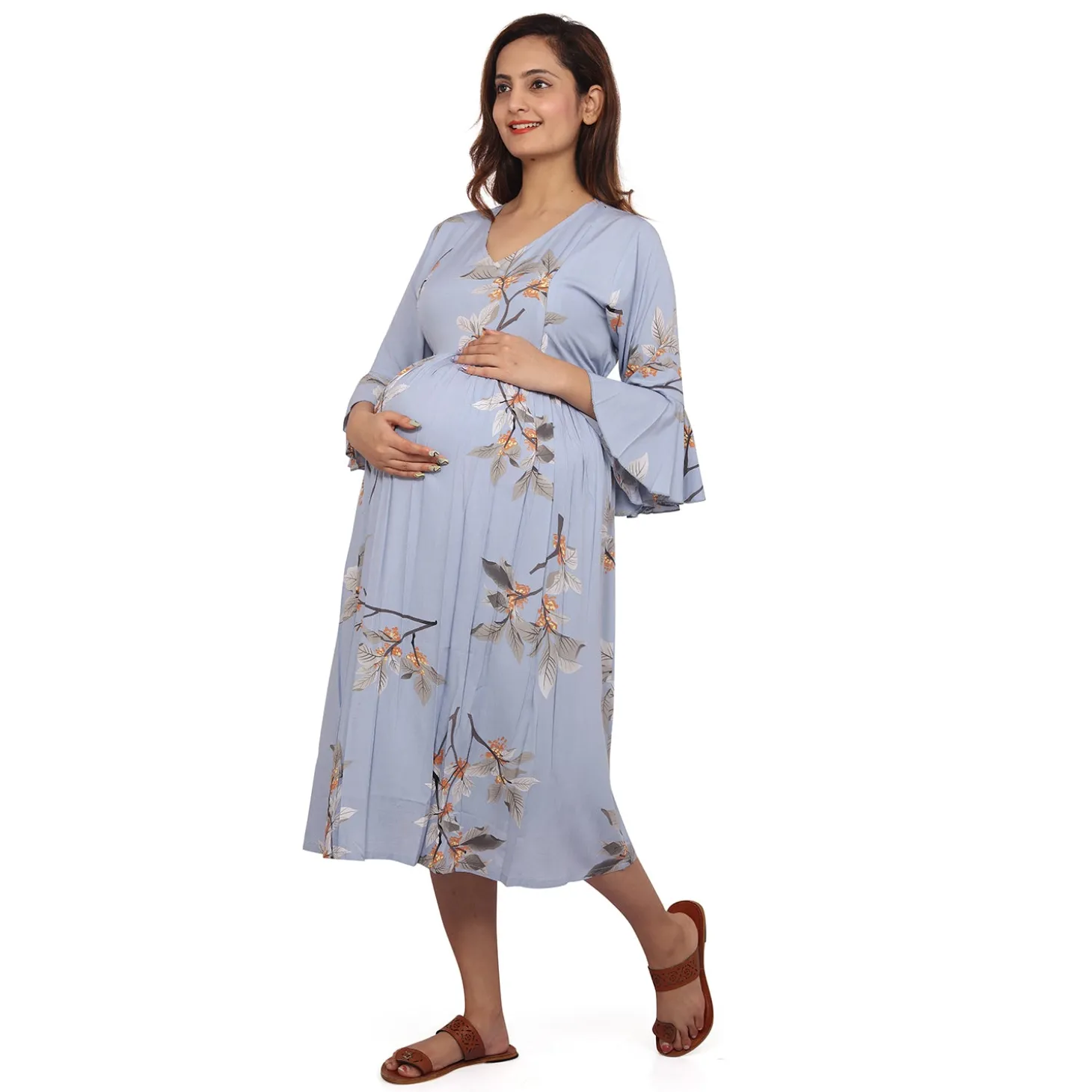 Baby Moo Half Bell Sleeves Comfortable Nursing And Maternity Dress Flower Print - Blue